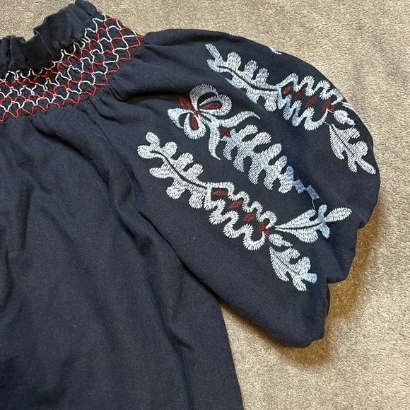 Navy Blue Off the Shoulder Shirt with Embroidery | Rebellion Off the Shoulder - Picture 9 of 13